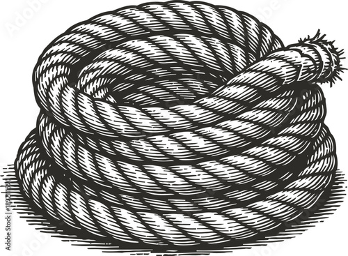 Coiled rope bundle detailed illustration, thick twisted fiber cord, nautical and outdoor supply concept