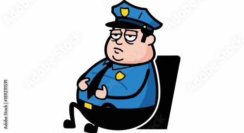 Cartoon Police Officer Sitting Tiredly.