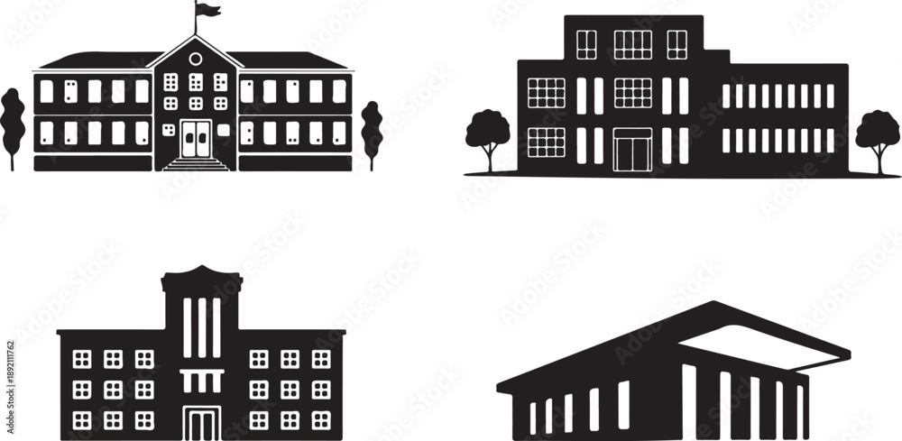 Naklejka premium school building silhouettes set four architectural styles vector icons