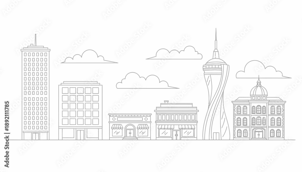 Obraz premium Outline illustration of various urban buildings and clouds against a white background