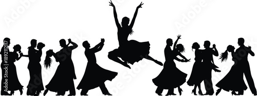 Group of elegant dancers in various ballroom and ballet poses, dynamic silhouette illustration showing dance movement, performance art and choreography concept