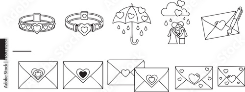 Black and white line of heart themed accessories and stationery line black and white heart shaped