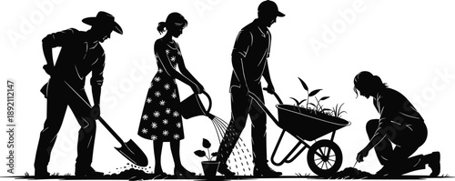 Group of people gardening, planting trees, teamwork in agriculture, community garden project, sustainable living, outdoor activity, eco-friendly farming, rural lifestyle