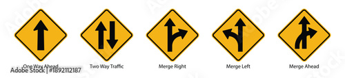 yellow road warning sign set one way two way traffic merge right left ahead icon