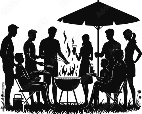 Group of people having outdoor barbecue party, summer picnic gathering, grilling food, friends and family, backyard cookout, social event, happy moments, black silhouette