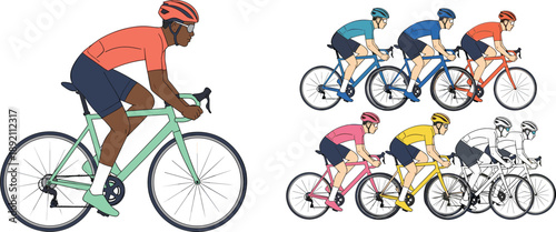 Group of professional cyclists riding racing bicycles in colorful sportswear, road bike competition illustration showing teamwork, speed, fitness, endurance