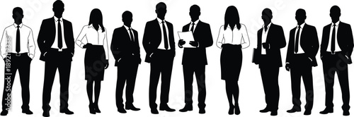 Group of professional business men and women in formal attire, standing confidently together, corporate team, teamwork, leadership, success, collaboration, office environment, business concept