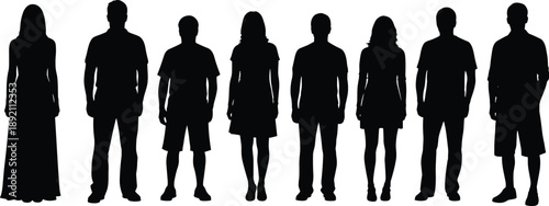 Group of standing human silhouettes including men and women in casual clothing perfect for crowd concepts, people illustration, diversity, and demographic designs