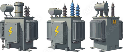 High voltage electrical transformer vector illustration, industrial power distribution unit, detailed cartoon style, energy substation equipment, electricity control box