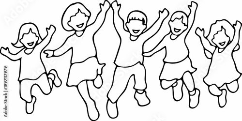 Five children joyfully jumping and waving their arms in a line