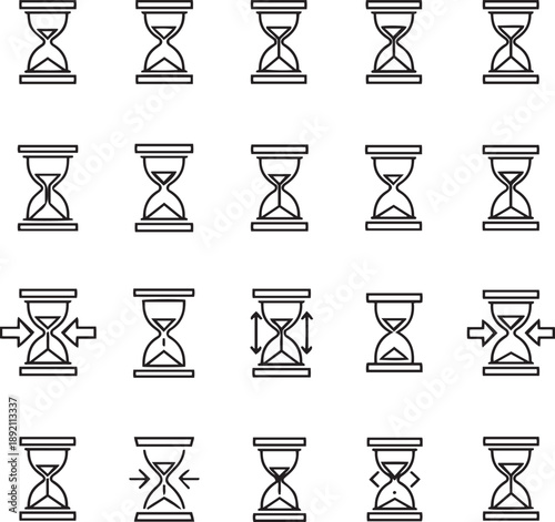 Black and white hourglass in various orientations and styles line time clock sand timer
