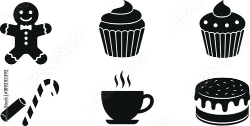 Holiday dessert icon set, gingerbread man, cupcake, coffee cup, candy cane, cake silhouette, festive treat illustration, black vector design