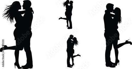 Romantic couple silhouette, hugging, kissing, love pose, romantic embrace, relationship concept, man and woman vector, isolated on white background