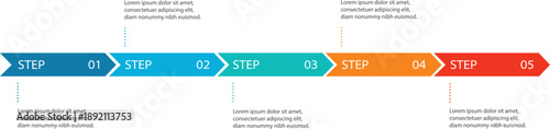 Modern Five Step Process Timeline Infographic - Horizontal Arrow Flow Diagram with Colorful Chevron Progress Milestones
