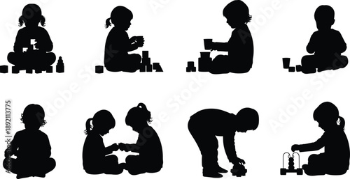 Children playing silhouettes set showing kids sitting, building blocks, learning activities, early childhood development scenes isolated on white background vector illustration collection