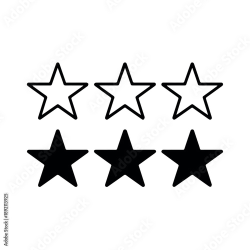 A clean arrangement of six star icons, featuring three bold black filled stars and three corresponding black outline stars, ideal for ratings or favorites.