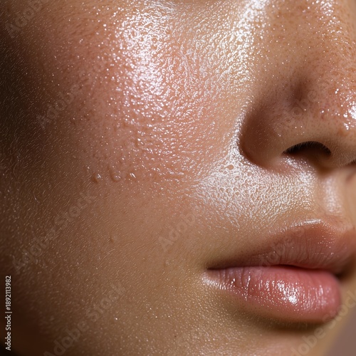 Extreme close-up of skin with visible oiliness and dry texture