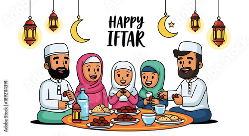 Family Celebrating Iftar with Traditional Food and Decorations