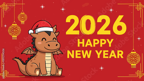 Cute cartoon dragon wearing a Santa hat, celebrating the New Year.