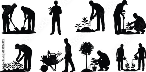 Gardening silhouettes set showing people planting trees, watering plants, digging soil, and outdoor horticulture activities isolated on white background vector illustration design collection