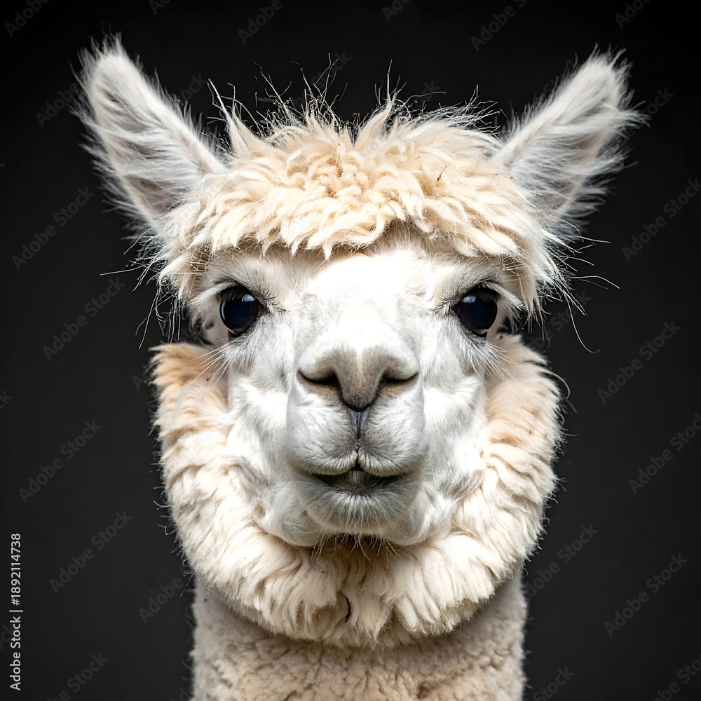 Fototapeta premium A close-up portrait of a white alpaca with a soft expression