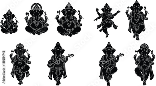 Lord Ganesha silhouettes collection featuring multiple poses, musical attributes, Hindu deity symbolism, Indian spiritual culture isolated on white background vector illustration set