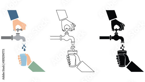 An illustration of hands filling cups with water from a faucet in different colors