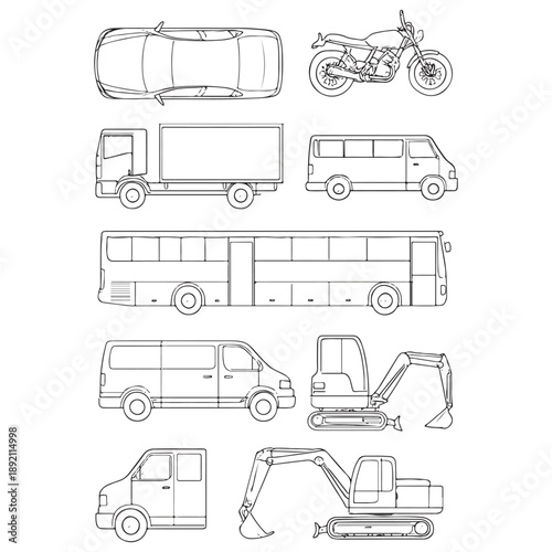 CAD Vehicle Drawings Set – Outline Vector Cars, Bikes, Trucks and Buses