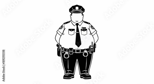 Cartoon Police Officer Standing Uniformed Badge Hat Belt.