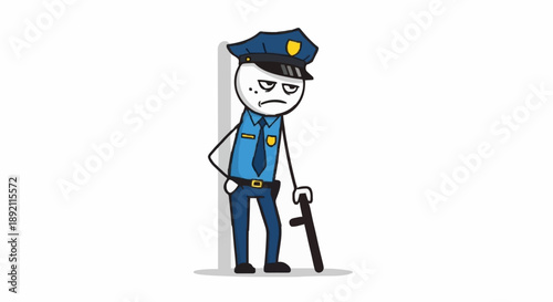 Cartoon Police Officer Standing With Baton Looking Bored.