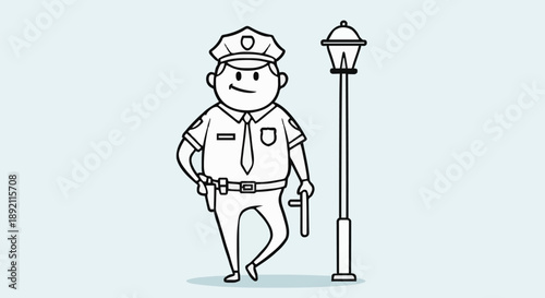 Cartoon Police Officer Standing Next To Street Lamp.