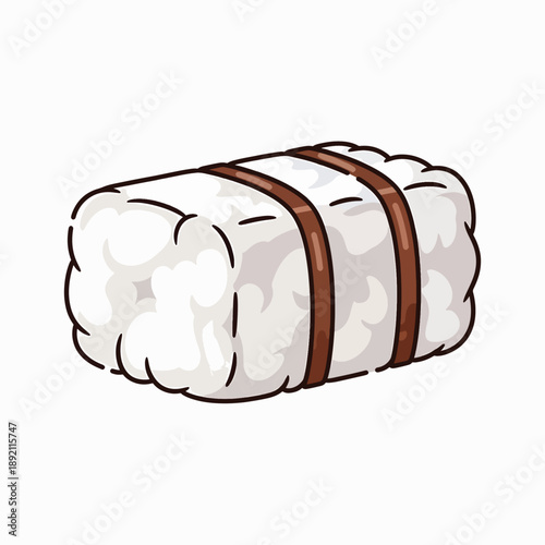 Compressed bale of white fluffy cotton material secured with simple brown straps