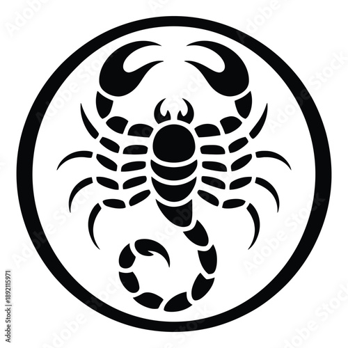 Scorpio zodiac sign black silhouette in round frame, astrological scorpion symbol for horoscope, isolated vector illustration, tribal design element
