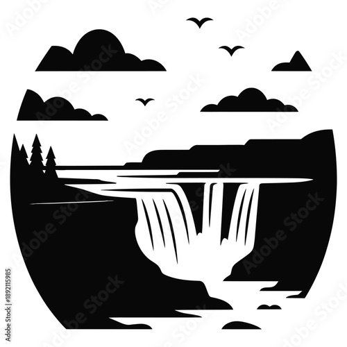 Waterfall landscape silhouette vector illustration natural park scenery icon water flow river cascade environment wilderness outdoor adventure tourism eco travel mountain waterfall view