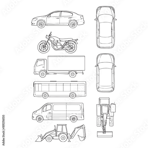 CAD Vehicle Drawings Set – Outline Vector Cars, Bikes, Trucks and Buses