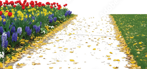 Vibrant springtime flower border featuring red tulips and yellow daffodils lines a garden path scattered with golden fallen leaves