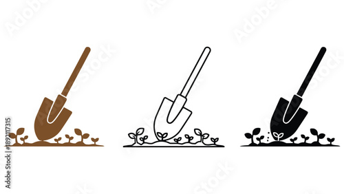 Three shovels in different colors are planting small green seedlings