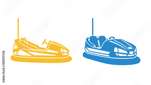 Two colorful bumper cars on a white background for amusement park fun
