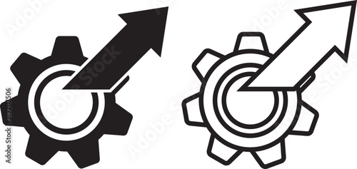 Industrial gear with upward arrow representing business growth and technical efficiency optimization in professional context. Gear icon with three upward arrows indicating growth, progress, and improv