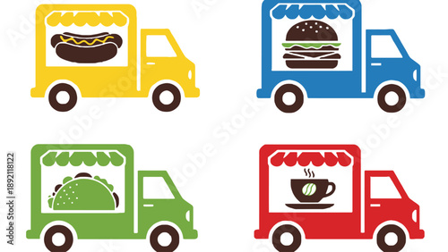 Four colorful food trucks offering hot dogs, burgers, tacos, and coffee.