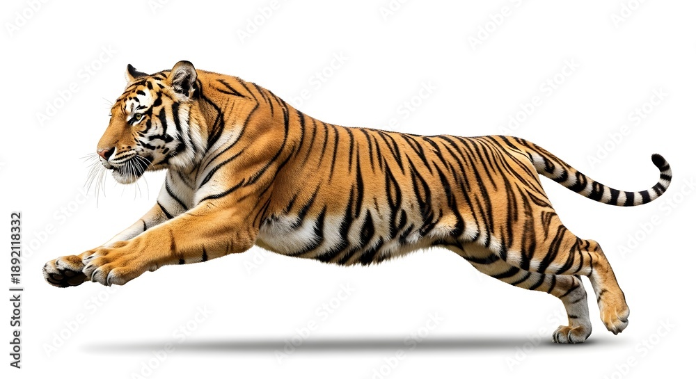 Obraz premium Running tiger isolated on white background with dynamic pose and powerful presence