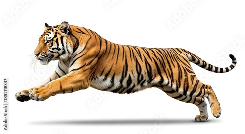 Running tiger isolated on white background with dynamic pose and powerful presence