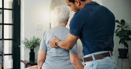 Konstfotografi Old woman, chiropractor and consultation in nursing home with back assessment, support and healing