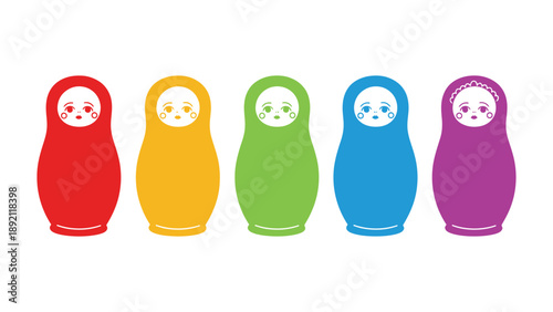 A colorful illustration of traditional Russian Matryoshka dolls on a white background