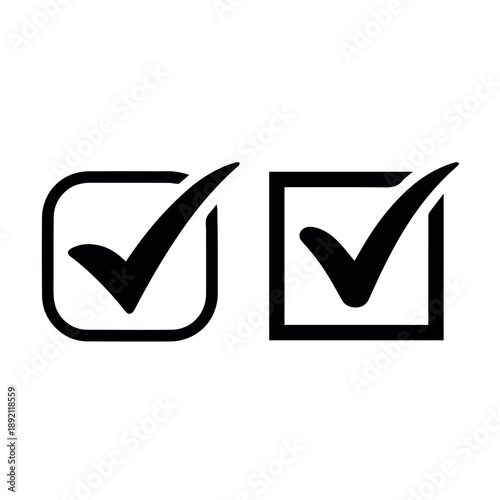 Two distinct black checkmark icons, one within a square with rounded corners and the other in a sharp-cornered square, symbolizing completion, approval, and correctness.