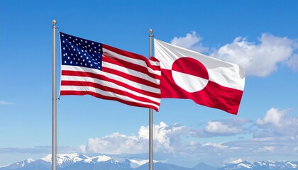US and Greenland flags flying side by side above snow-covered mountains under blue sky with clouds