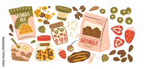 Gluten free protein granola stickers in retro cartoon style. Eco food items: granola packs, plant yogurt, protein jar, cereal bowl, berries. Clean eating concept, healthy lifestyle food stickers 