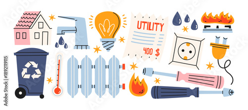 Utility services stickers in retro cartoon style. Household icons: electricity bill, water tap, gas stove, heating radiator, recycling bin. Home utilities concept for invoices, housing services