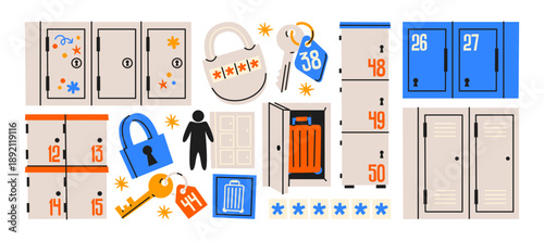 Luggage storage lockers stickers in retro cartoon style. Storage elements: numbered lockers, keys, padlocks, baggage tags. Secure luggage storage concept for airports, stations and travel services