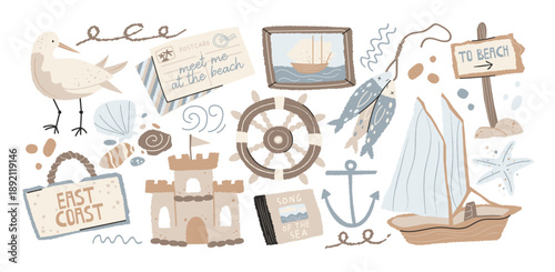 Seaside beach travel stickers in retro cartoon style. Coastal elements: sailboat, anchor, steering wheel, seagull, sandcastle, shells, direction signs. Summer vacation and ocean journey concept